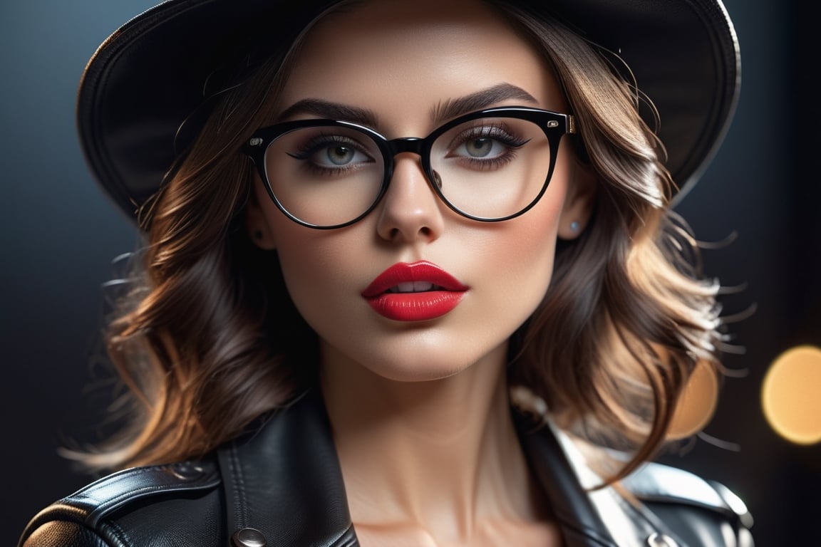 Alluring and hot woman, big and perfect eyes, thin and slightly turned nose, attractive full lips, flirtatious, sexy. Glasses, hat, leather bike jacket. Trending on Artstation, sharp focus, studio shot, intricate detail, high detail, sparkles, octane rendering, 64k, photorealistic concept art, soft natural light, chiaroscuro, masterpiece.