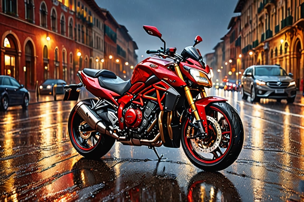 ((extremely realistic photo)), ((professional photo)), A powerful red high displacement motorcycle is parked on a wet street at night. The background features a city skyline with illuminated windows, ((ultra sharp focus)), (realistic textures and skin:1.1), (realistic and perfect gray eyes:1.1), ((perfect design of hands and fingers)), aesthetic. masterpiece, pure perfection, high definition ((best quality, masterpiece, detailed)), ultra high resolution, hdr, art, high detail, add more detail, (extreme and intricate details), ((raw photo, 64k:1.37)), ((sharp focus:1.2)), (muted colors, dim colors, soothing tones ), siena natural ratio, ((more detail xl)),more detail XL,detailmaster2,Enhanced All,photo r3al,masterpiece
