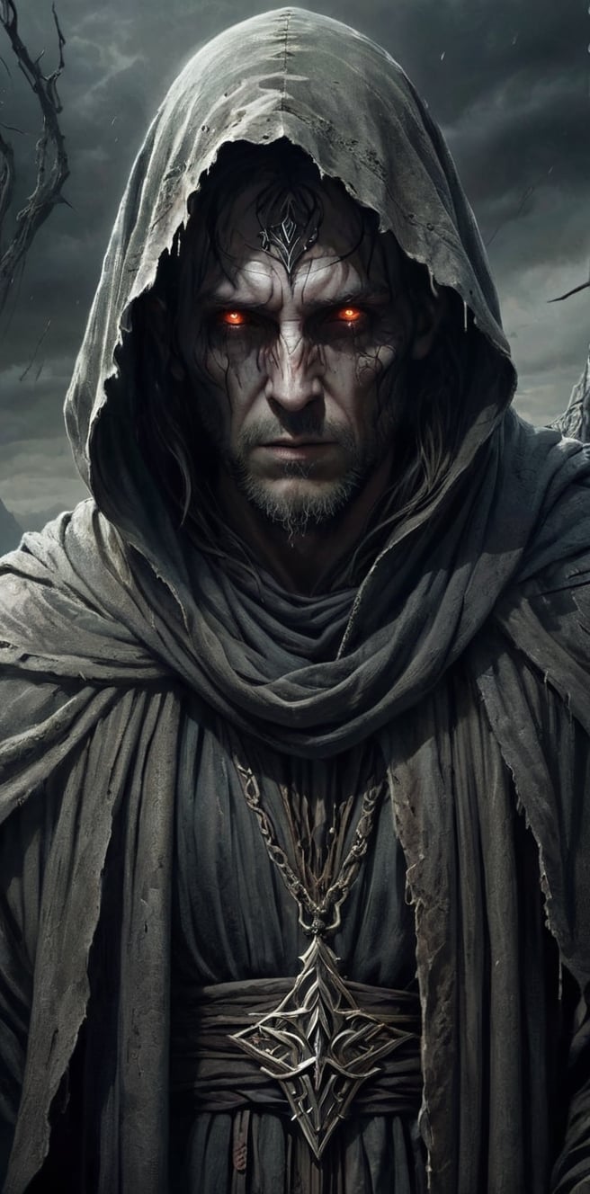 Generate hyper realistic image of a foreboding oracle, shrouded in tattered robes, its face hidden beneath a hood. The oracle's eyes should radiate an ominous glow, and its outstretched hands should be surrounded by ethereal visions of impending doom. Illustrate a desolate landscape where the whispers of despair come to life.
