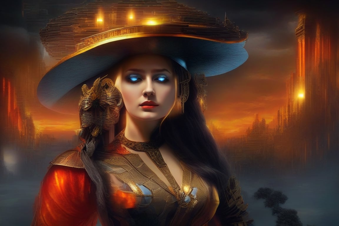 Please create a masterpiece, stunning beauty, blue eyes, big breasts, perfect face, epic love, machine slave, full body, light caramel skin, hyperrealistic oil painting, bright vivid red, yellow and orange colors, with a dark and gloomy background. Body horror, wires, long indian war hat, , cyborg by Peter Gric, Hans Ruedi Giger, Marco Mazzoni, dystopia, golden light, perfect composition, col, , , , , ,isni,Monster,HellAI