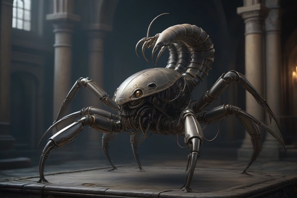 Impressive 3D rendering of a biomechanical cyborg scorpion inspired by the style of Leonardo da Vinci. The scorpion's exoskeleton is intricately designed with gears, wires and metal elements that match its natural appearance. The background shows an eerie, gothic castle, suggesting that the character is from Fantomas. The overall atmosphere of the image is dark, mysterious and futuristic.