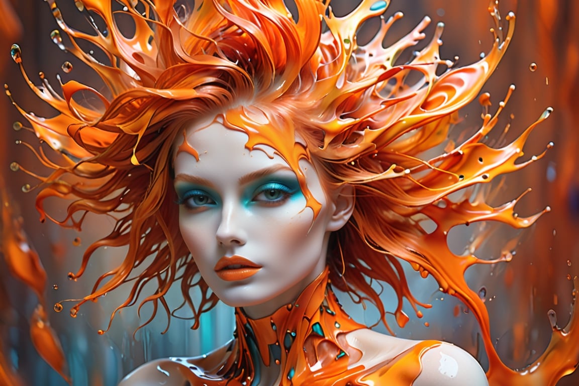 (biomorphism high fashion model), Biomorphism, Delicate details, Splash art, concept art, hair color or  orange, 8k resolution blur background Vivid colors, Broken Glass effect,  