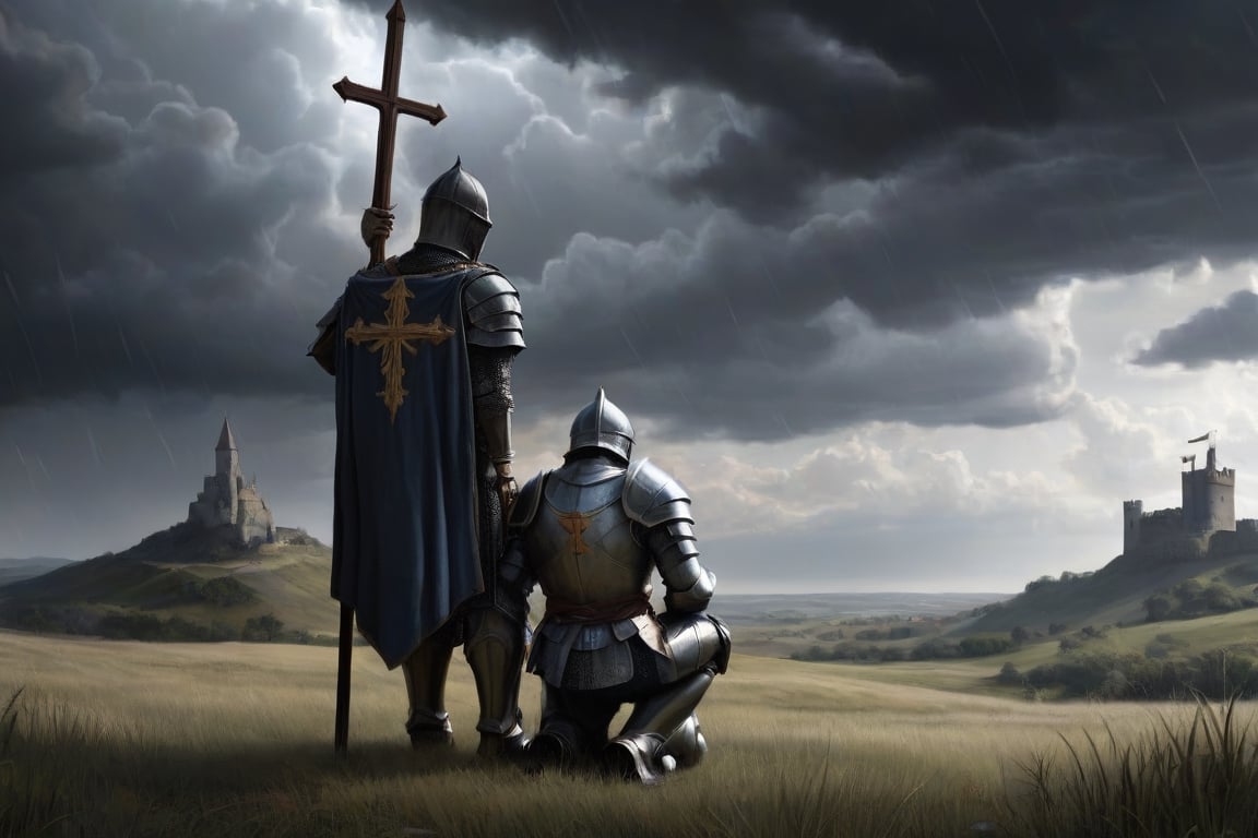 An amazing scene by Fedya Serafiezh, of a valiant knight in shining armor kneeling reverently before an imposing cross. The knight's shield bears a large, intricately detailed cross, representing his unwavering faith. A sense of peace and tranquility emanates from the scene, despite the ominous storm clouds overhead. The background reveals a distant castle and battlefield, hinting at the challenges ahead.