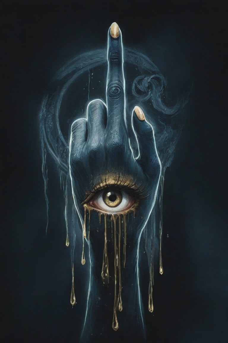 A haunting and conceptual illustration of a hand with a weeping golden eye tattoo. The hand is raised with the middle finger upright, exuding a sense of terror and angst. The eye, filled with tears, seems to have a life of its own, adding to the eerie atmosphere of the piece. The background is dark and mysterious, enhancing the intensity of the scene. This image is a powerful statement of emotion and artistic expression., illustration, conceptual art



,LegendDarkFantasy