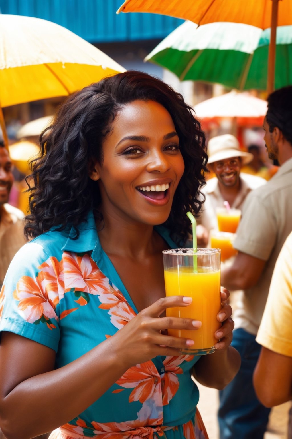 Lively Market Scene with Ana

Scene Setting: Beautiful black woman, A bustling, colorful open-air market in Brazil, with vendors selling exotic fruits, flowers, and local crafts. Bright sunlight filters through vibrant market umbrellas.
Characters: The main character and Ana, both portrayed as young, lively individuals with a spark of curiosity in their eyes.
Action: The main character is seen sipping on a glass of sugarcane juice (caldo de cana), his eyes lighting up as he spots Ana navigating through the crowd. The scene focuses on the casual, yet electric, first interaction between them.
Camera Angles: Start with a wide shot of the market, zooming in to a medium shot of the protagonist enjoying the juice, then cut to Ana appearing amidst the crowd. A series of over-the-shoulder shots as they converse and laugh, highlighting their facial expressions.
Lighting & Color: Bright, natural daylight with a warm, golden hue emphasizing a cheerful and optimistic mood.,photo r3al