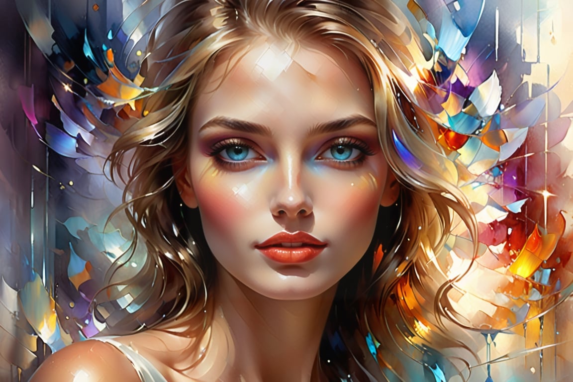 Willem Haenraets has created a stunning and elegant vintage style digital painting, face of a very beautiful young woman, detailing her perfection in forms, with bright colors and atmospheric lighting that oozes cinematic composition. The artist's use of muted watercolor-style colors adds to the overall charm and appeal of the painting. broken glass effect, no background, awesome, something that doesn't even exist, be mythical, energy, molecular, textures, iridescent and luminescent scales, impressive beauty, Pure perfection, divine presence, unforgettable, awesome, impressive beauty, volumetric light, auras, Heavens, Bright colors reflect
