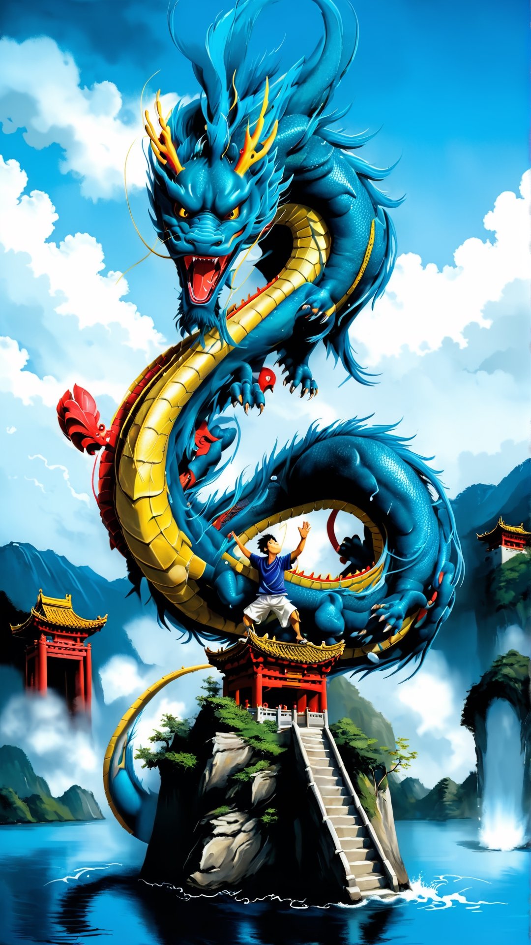 1 blue dragon,An oriental blue dragon soaring into the sky, clutching the Yeouiju in its front paws, He is holding a red or yellow bead in his front paw.A dragon rising from the blue water, writhing, breaking through the clouds and ascending to the sky. It kicks up the water with its tail and water droplets splash in all directions.The head is stretched out towards the sky,There is a beautiful view of the land in the distance. Blue dragon flying towards the sky,all body,Movie Poster