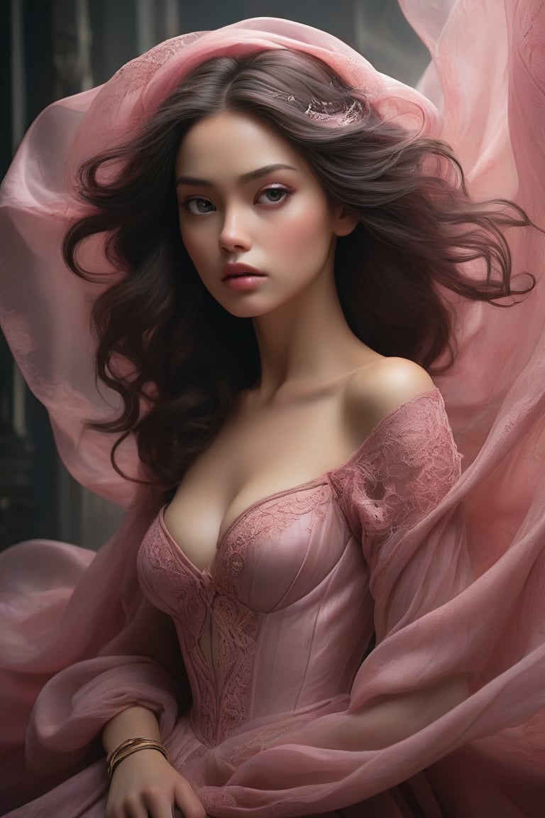 A mesmerizing dark fantasy and hyper-realistic picture. The central figure is a captivating woman dressed in billowing, translucent and ethereal pink lace fabrics. The clothes are expertly draped to accentuate her graceful curves, and her poised, introspective demeanor captures a moment of deep contemplation as she gazes out at the mysterious horizon. The artist's masterful rendering of anatomy demonstrates a mastery of perspective, while the vivid, lifelike painting features natural folds of fabric and striking side lighting. This charming and captivating dark fantasy atmosphere enchants the viewer, transporting them into a world of mystery and wonder., dark fantasy