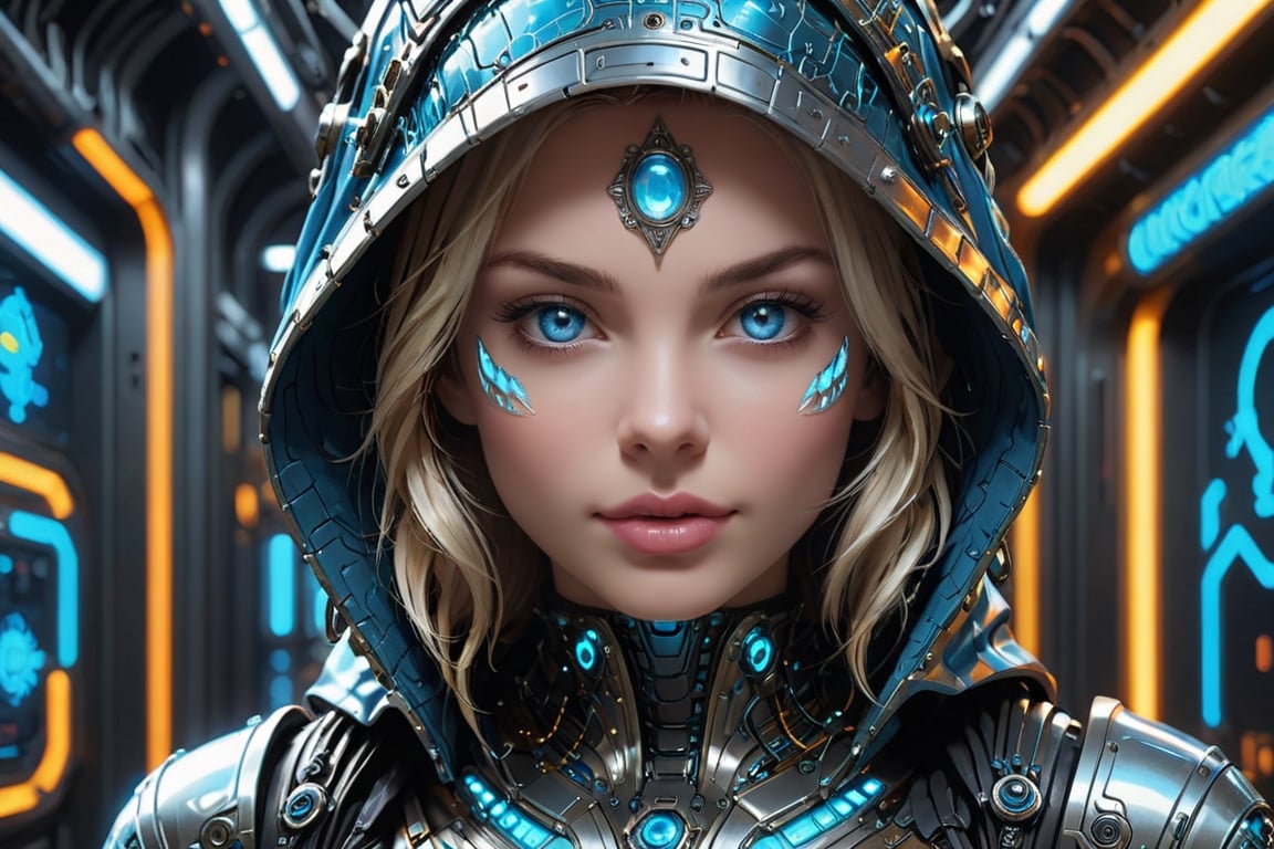 Please generate,realistic, 1girl, In a futuristic metropolis, a mesmerizing figure emerges from the shadows wearing a bioluminescent hood, their faces glow with intricate detail and haunting blue eyes that hint at a mysterious cybernetic world, detailed eyes, cleavage, collarbone