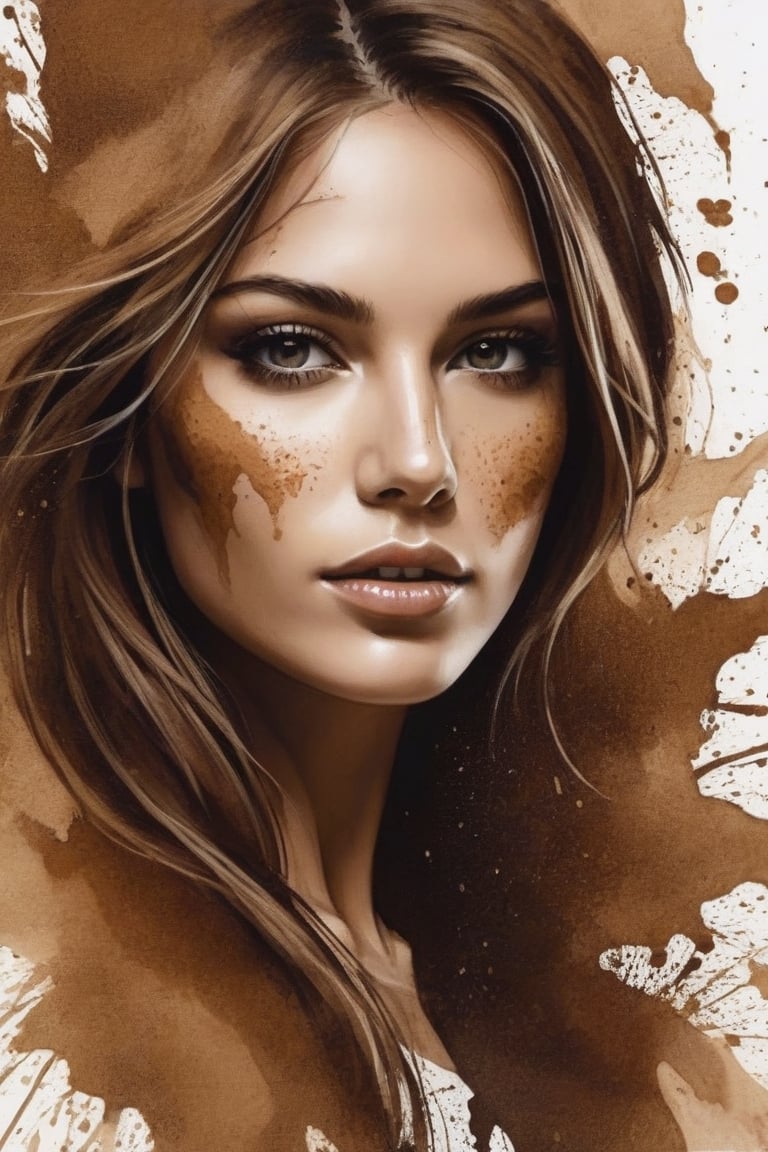 A stunning 2D illustration of a woman's face, where the outlines are intricately painted using coffee. The face is adorned with coffee splashes, a round spot, and coffee powder, creating a unique and visually appealing effect. The overall palette is in brown tones, emphasizing the beauty of the coffee art. The drawing is highly detailed, capturing the essence of Fantomas' fantasy style.







,LegendDarkFantasy