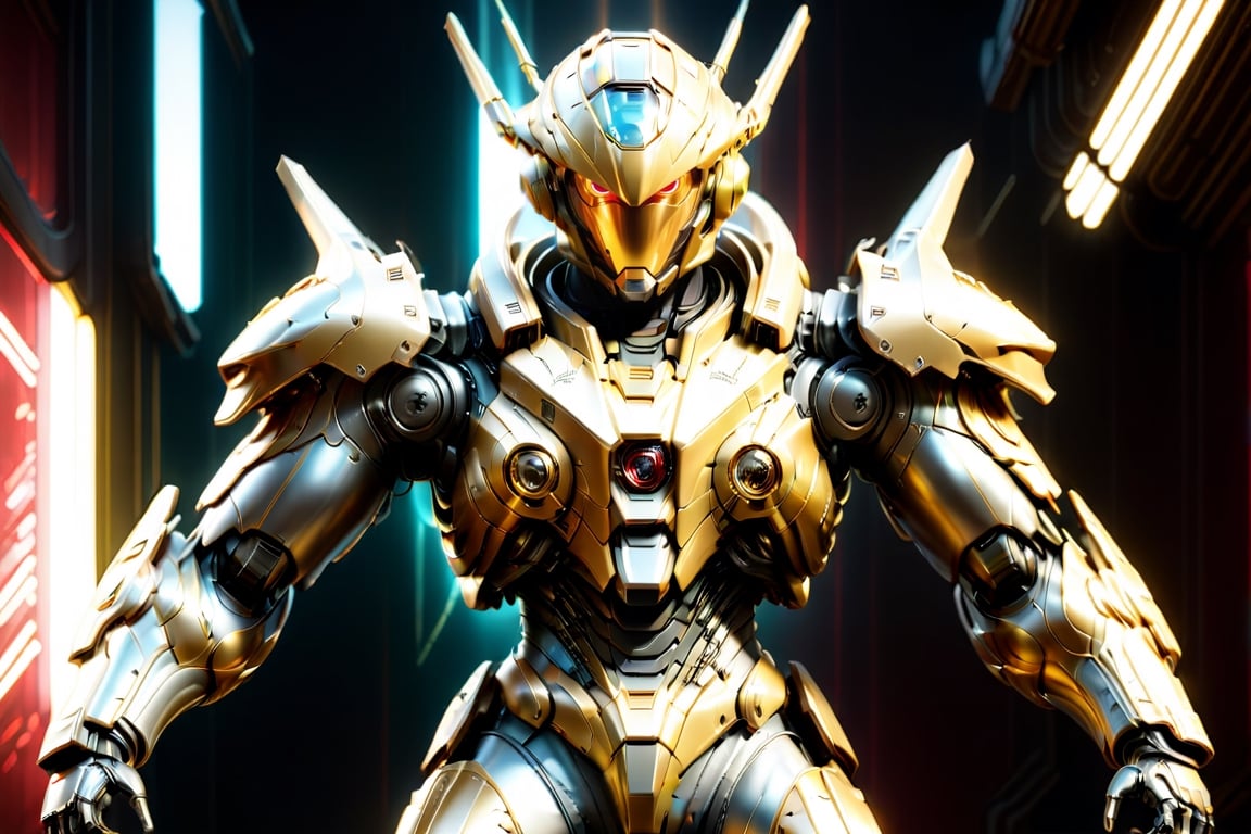 Robot soldier , anthropomorphic figure wearing futuristic mecha soldier armor and weapons, reflection mapping, realistic figure, hyper detailed, cinematic photography with lighting, 32k uhd with golden rod, red lighting on suit, by: panchovilla,mecha,robot
