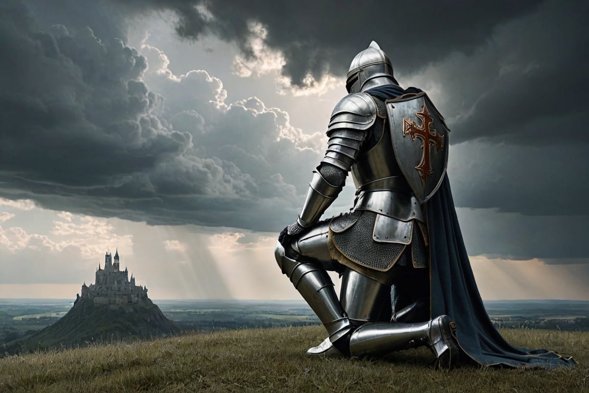 An amazing scene by Fedya Serafiezh, of a valiant knight in shining armor kneeling reverently before an imposing cross. The knight's shield bears a large, intricately detailed cross, representing his unwavering faith. A sense of peace and tranquility emanates from the scene, despite the ominous storm clouds overhead. The background reveals a distant castle and battlefield, hinting at the challenges ahead.