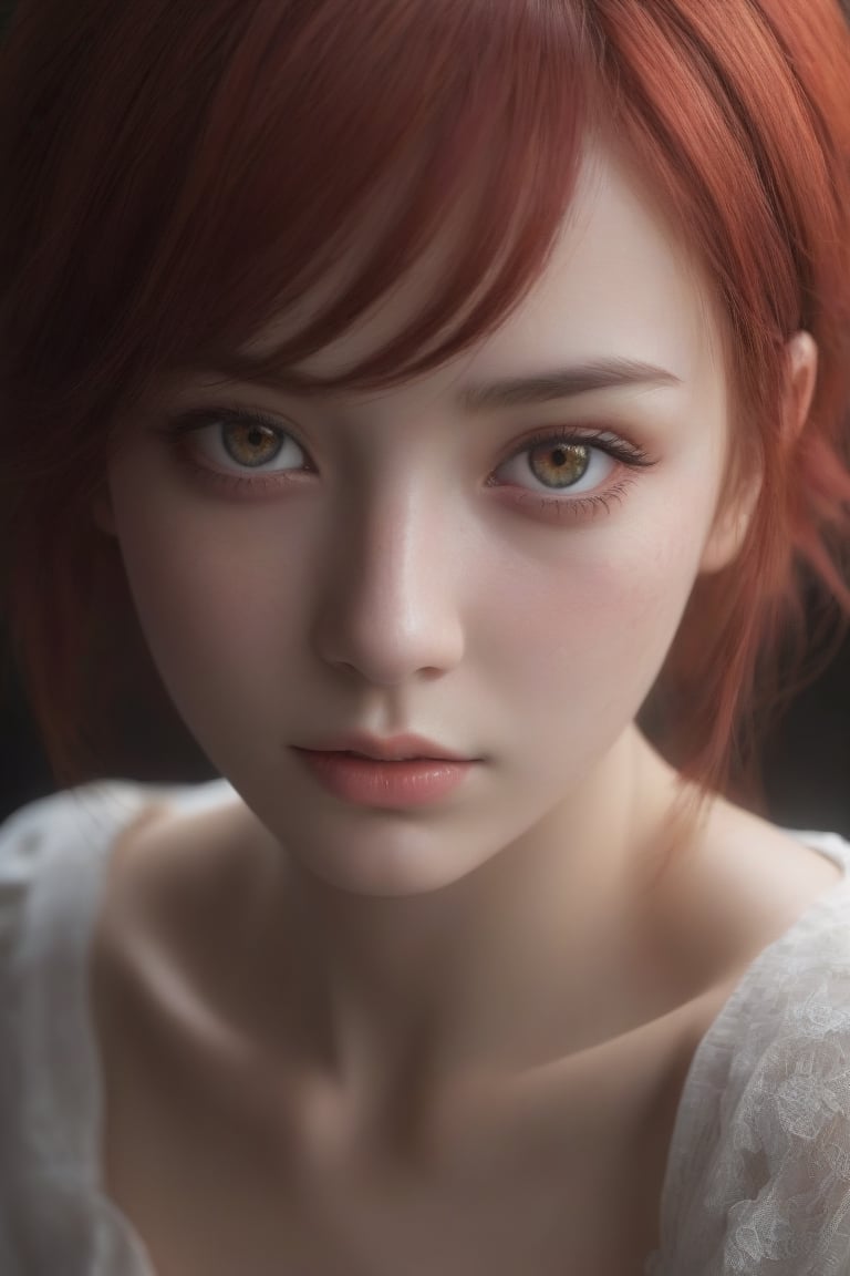 A stunning and ethereal portrait of a young girl with bright red hair and piercing red eyes. Her eye is decorated with a star, giving her a magical and charming appearance. She blushes gently, her cheeks highlighted in a subtle shade. The girl's face is illuminated by a perfect spotlight, showing the incredible detail of her features, including the bangs that frame her face perfectly. The background is dark and simple, allowing the focus to remain solely on her. The image is rendered in Unreal Engine, with side lighting that enhances the depth and realism of her skin, which glows vividly under the light..