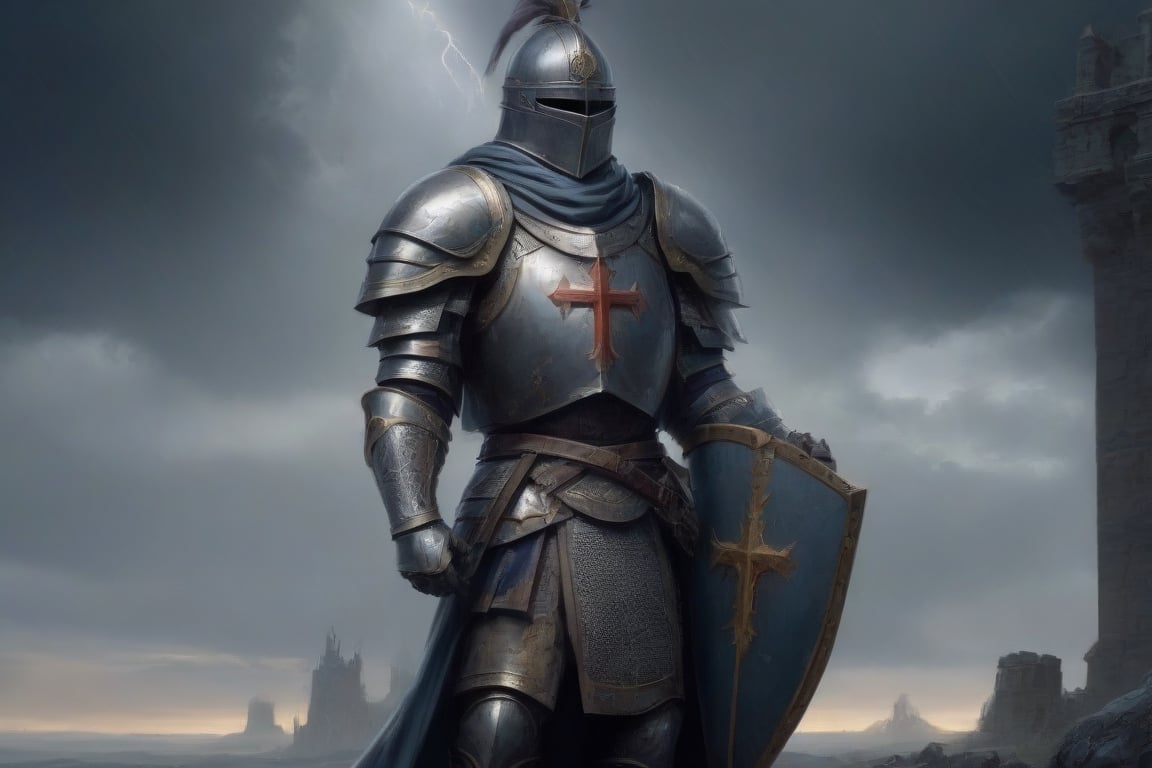 An amazing scene by Fedya Serafiezh, of a valiant knight in shining armor kneeling reverently before an imposing cross. The knight's shield bears a large, intricately detailed cross, representing his unwavering faith. A sense of peace and tranquility emanates from the scene, despite the ominous storm clouds overhead. The background reveals a distant castle and battlefield, hinting at the challenges ahead.