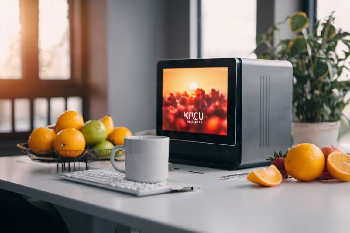 a super modern and futuristic computer from the future placed on a desk with a cup of warm coffee and fresh fruit on it