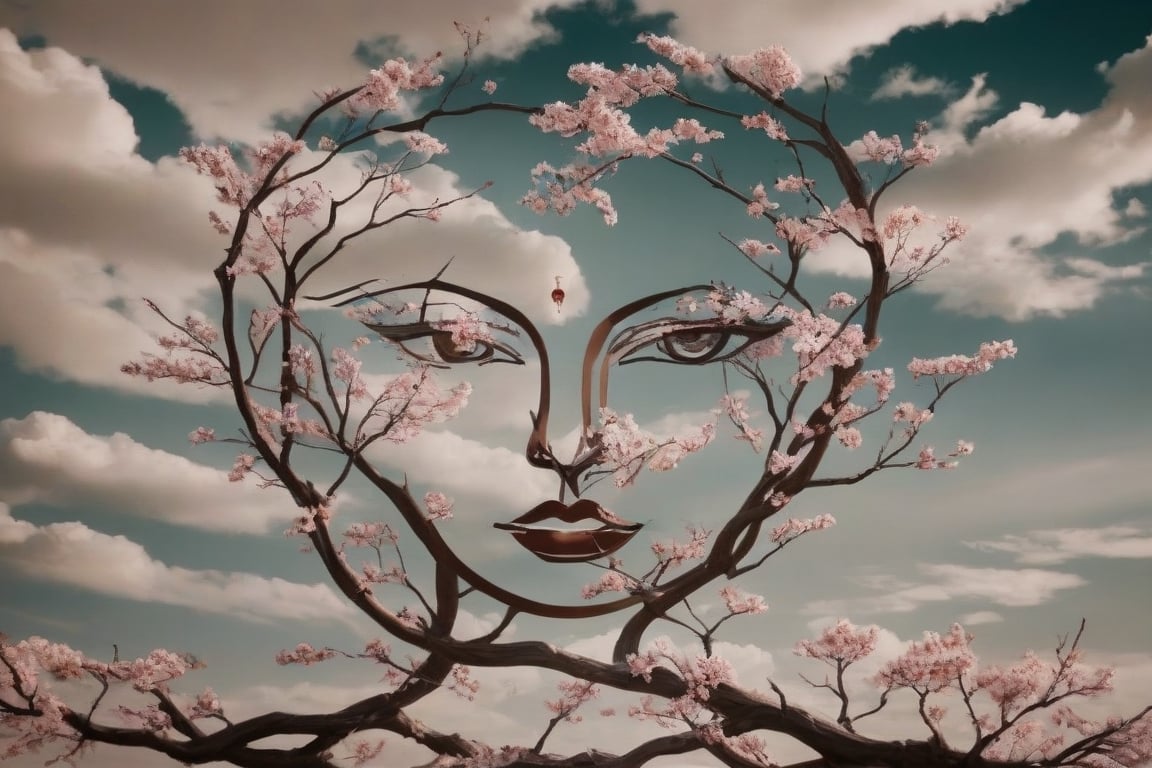 


A captivating and surreal conceptual illustration featuring an ultra-minimalist imaginary woman's face silhouette, skillfully created from intertwined branches and cherry blossom leaves. The sky is a canvas of vibrant colors, with clouds that resemble abstract art. The cherry blossom leaves are meticulously arranged and connected to form the simple line shape and shade of an imaginary woman's face, with her eyes, nose, and mouth made from the patterns created by the tree limbs. This striking blend of nature and art evokes a sense of both serenity and complexity, making it a perfect dark fantasy poster, cinematic illustration, and conceptual art piece that stands out as a unique photo., dark fantasy, cinematic, illustration, photo, conceptual art, poster