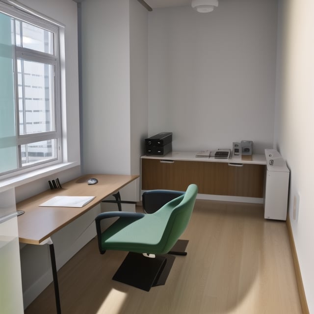 create raw photo of a director office room, modern style, green color is main tone, minimalist 