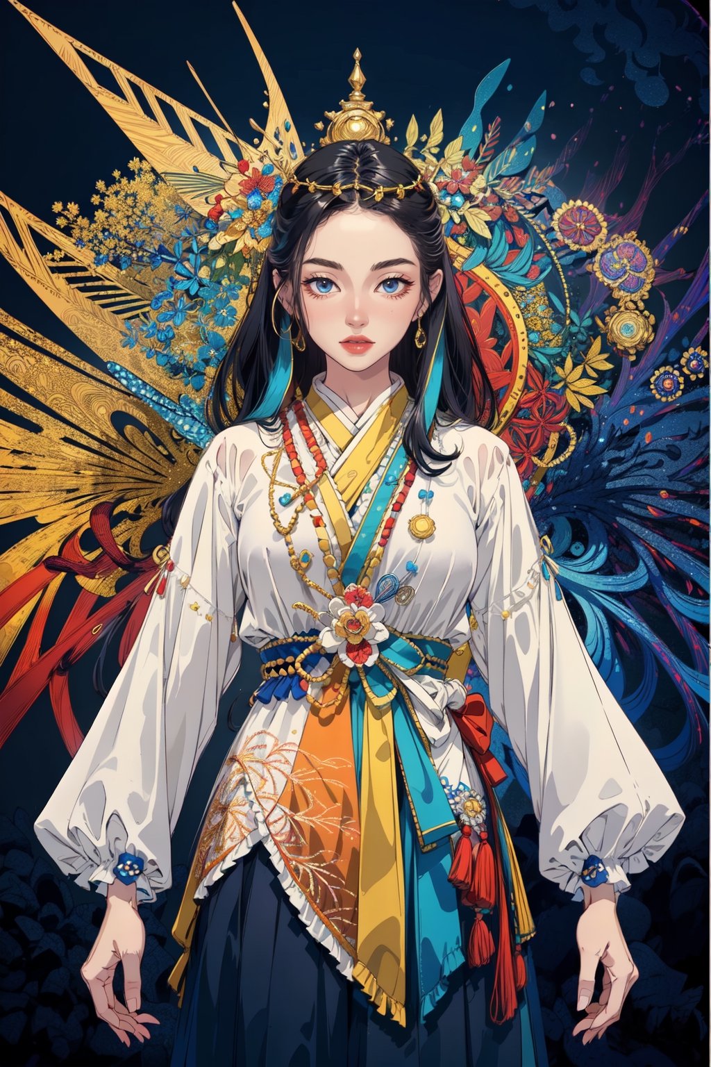 (masterpiece, top quality, best quality, official art, beautiful and aesthetic:1.2), (1girl:1.3), extremely detailed,(fractal art:1.2),colorful,highest detailed,(zentangle:1.2), (dynamic pose), (abstract background:1.5), (treditional dress:1.2), (shiny skin), (many colors:1.4), upper body,Worldwide trending artwork,Enhance