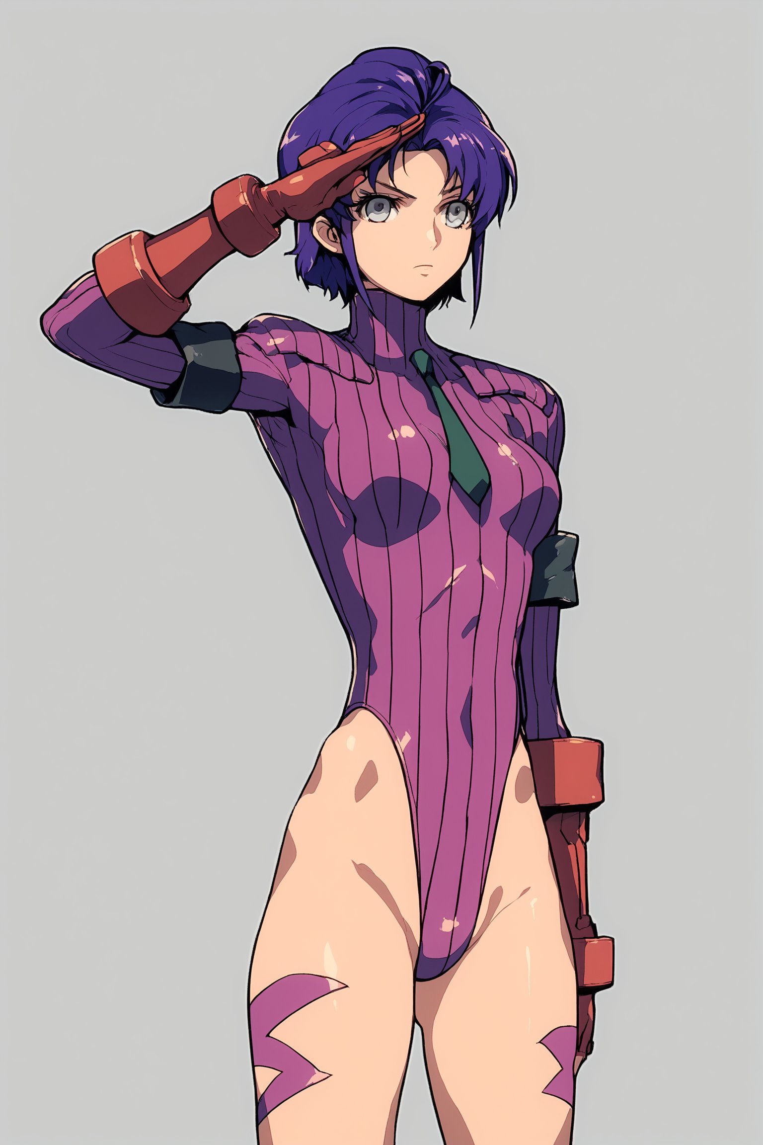 score_9, score_8_up, score_7_up, shiny skin, perfect lighting, absurdres, source anime, 1girl, cecile croomy, short hair, grey eyes, purple hair, necktie, Dollsuit, standing, salute, dark persona, zPDXLxxx,