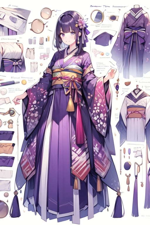 a drawing of a woman's purple kimono concept and accessories, detailed 