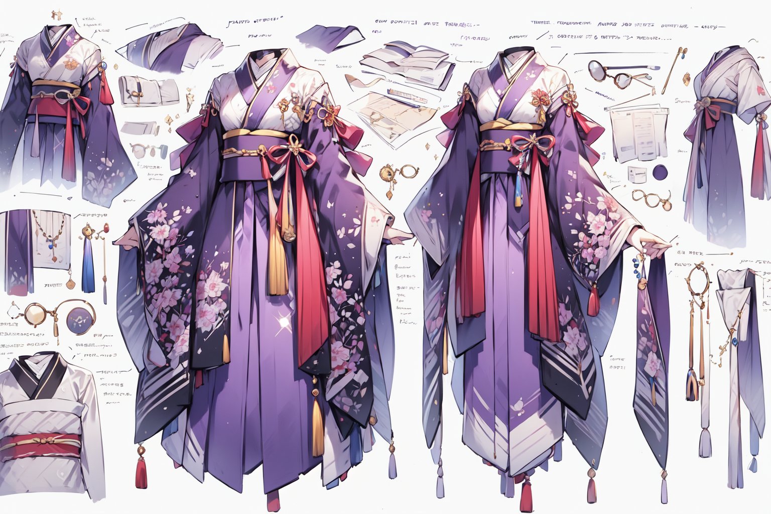 a drawing of a woman's purple kimono concept and accessories, detailed 