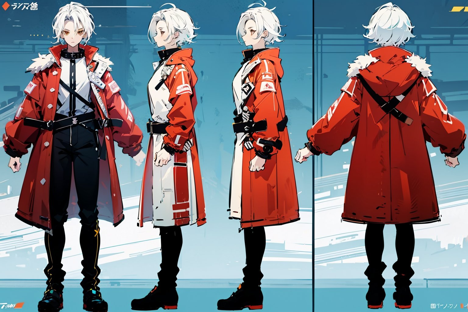 The image features a character with a stylized, anime-inspired design. The character has white hair and is wearing a red coat with a black collar and a white shirt underneath. The coat is open, revealing the shirt. The character's pants are black, and they are wearing black shoes. The overall style is vibrant and colorful, with a focus on the character's attire and the contrast between the red coat and the black pants.
 hands straight ,very_high_resolution, (((((chara-sheet))))),chara-sheet,More Detail, ((full_body)),Jeremiah_Chugi_Wald,xyzsankurta, (((anime style))),
(((( T pose)))), (((( T poseing))),TPose