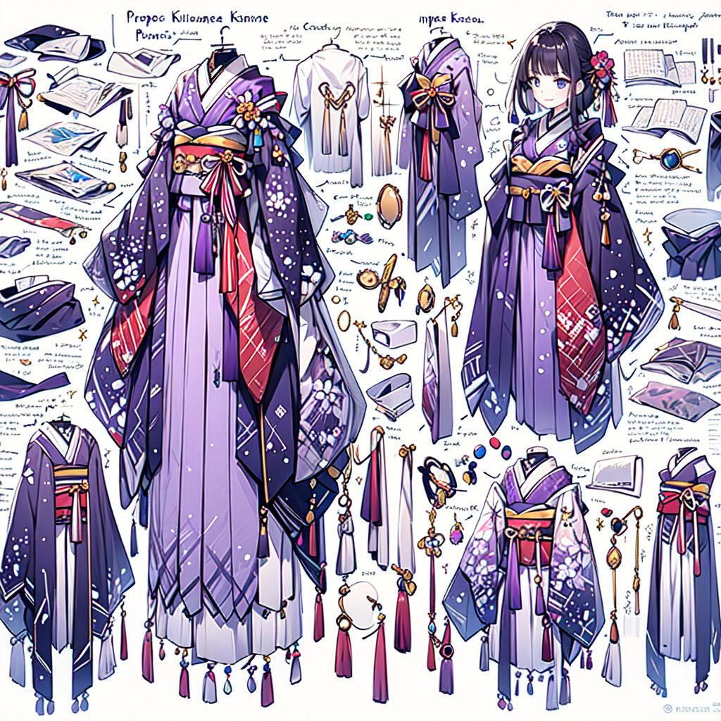 a drawing of a woman's purple kimono concept and accessories, detailed 