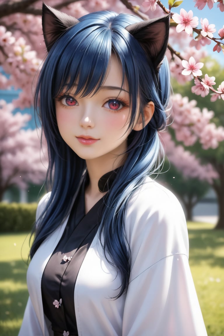 A beautifully rendered anime-style girl with cat ears, set against a backdrop of blooming cherry blossoms, incorporating fairy kei and lovecore aesthetics. She has pastel pink and blue hair, large expressive eyes, and a gentle, thoughtful expression. The scene is vibrant and serene, capturing the delicate beauty of spring with elements of magical whimsy. The overall mood is peaceful and enchanting, with a touch of whimsy and romance. Digital painting with hyperrealistic details, focusing on the soft textures of her hair, the intricate cherry blossoms, and the subtle play of light and shadow on her face. Style includes pastel colors, heart motifs, and a dreamy, romantic atmosphere.