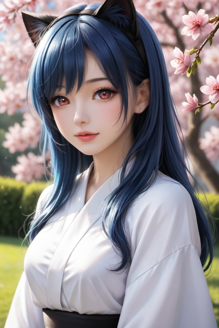 A beautifully rendered anime-style girl with cat ears, set against a backdrop of blooming cherry blossoms, incorporating fairy kei and lovecore aesthetics. She has pastel pink and blue hair, large expressive eyes, and a gentle, thoughtful expression. The scene is vibrant and serene, capturing the delicate beauty of spring with elements of magical whimsy. The overall mood is peaceful and enchanting, with a touch of whimsy and romance. Digital painting with hyperrealistic details, focusing on the soft textures of her hair, the intricate cherry blossoms, and the subtle play of light and shadow on her face. Style includes pastel colors, heart motifs, and a dreamy, romantic atmosphere.