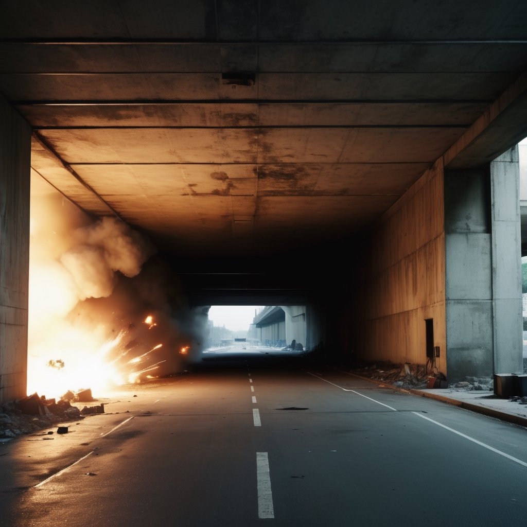 A huge detonated in the underpass, dramatic, very detailed, cinematic, detailed.