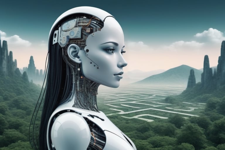 of a very beautiful robot lady.Digital Landscape,A digital landscape containing computer circuits and algorithmic elements. This landscape could represent a world where software and artificial intelligence are intertwined.