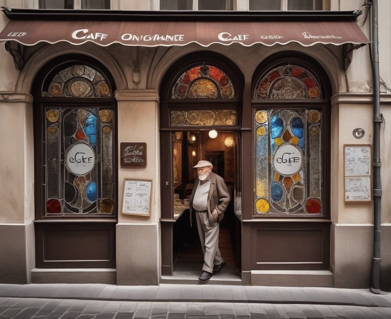 The old man on the streets, with his face bearing the traces of time and the sad depths of his experiences, walks down a narrow street and finds a luxurious cafe. This cafe is located in an elegant corner of a historical building and attracts attention with its eye-catching stained glass windows and stylish sign on the exterior.