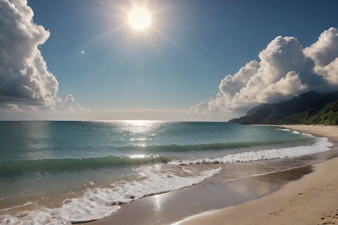 I'm looking towards the beach. A very beautiful beach. A very beautiful sea. The clouds are very beautiful. The sun is floating towards the sea from behind the clouds. It's a calm and beautiful day.