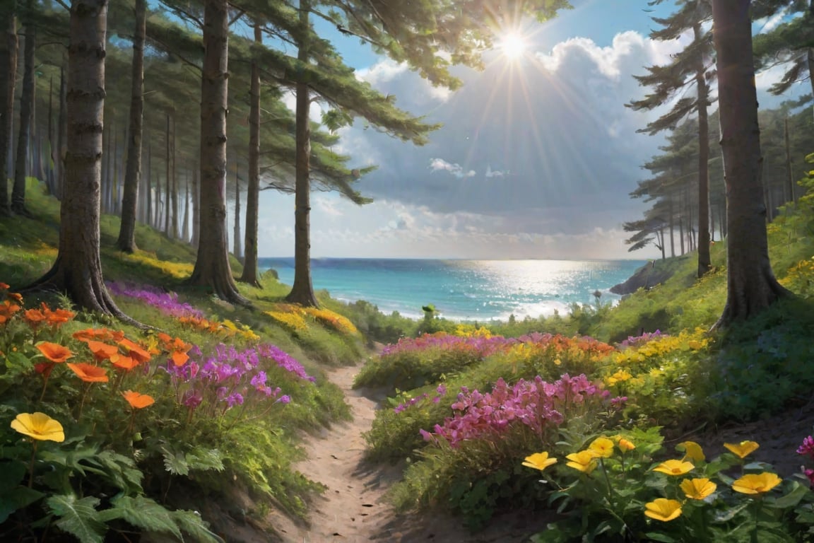 There are plenty of colorful flowers in the forest. I am looking towards the beach. It is a beautiful day. The sunlight is gently filtering through the trees into the forest. The clouds are beautiful. The sea is very beautiful.