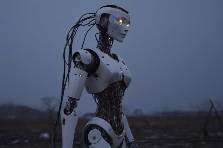 Despite the damage, the remaining left side of the robot lady stands tall, showcasing resilience and strength. Wires dangle from the broken components, emitting a soft glow as if the inner energy refuses to fade. The fallen pieces on the ground tell a story of unexpected vulnerability within this seemingly perfect creation.