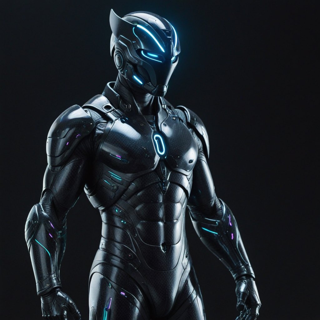 In a distant future, a genetic warrior stands poised for battle, clad in a sleek carbon-fiber suit that seems to meld seamlessly with their body. The suit, engineered from advanced carbon-based materials, reflects a subtle iridescence under the futuristic neon lights of the battlefield.