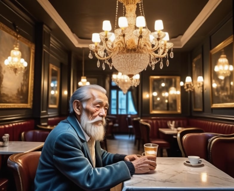 The old man attracts attention with his deep looks brought on by time. A character who is outdated but neatly dressed and bears the traces of the past. The venue is full of luxury cafe, expensive furniture and elegant decoration. An atmosphere decorated with oil paintings, quality furniture and crystal chandeliers is created.