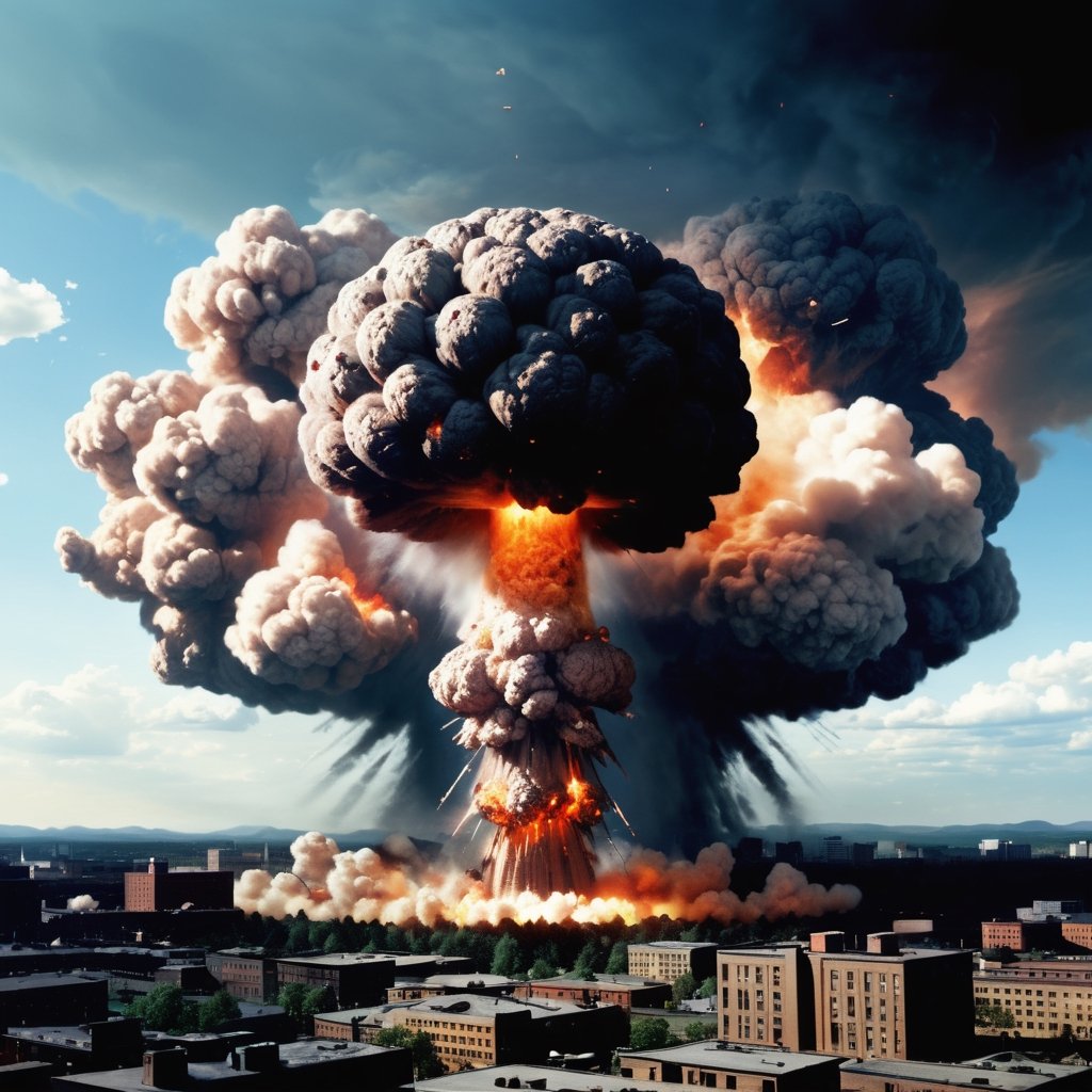 A huge atomic bomb is detonated in city, dramatic, very detailed, cinematic, detailed.