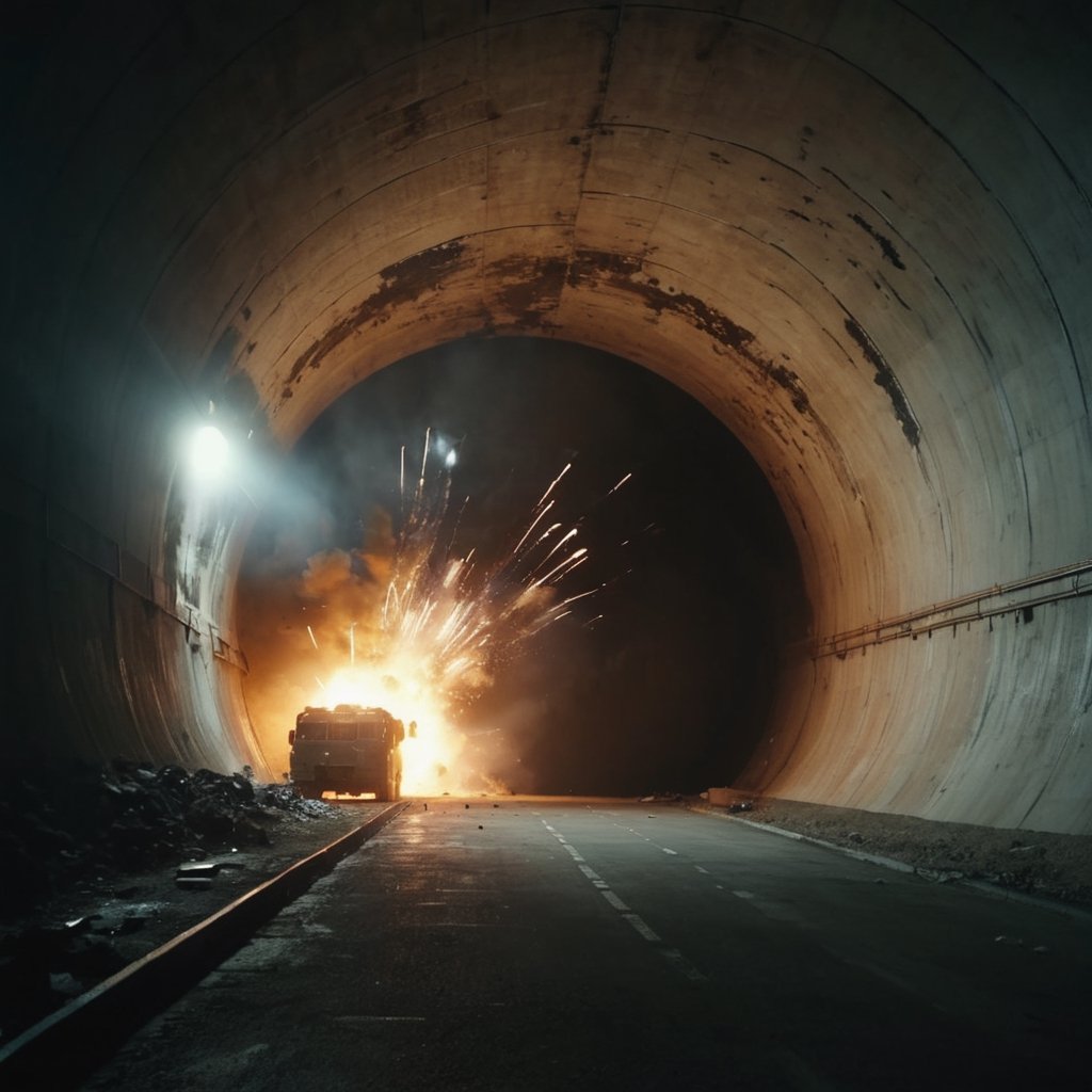 A huge detonated in the tunnel, dramatic, very detailed, cinematic, detailed.