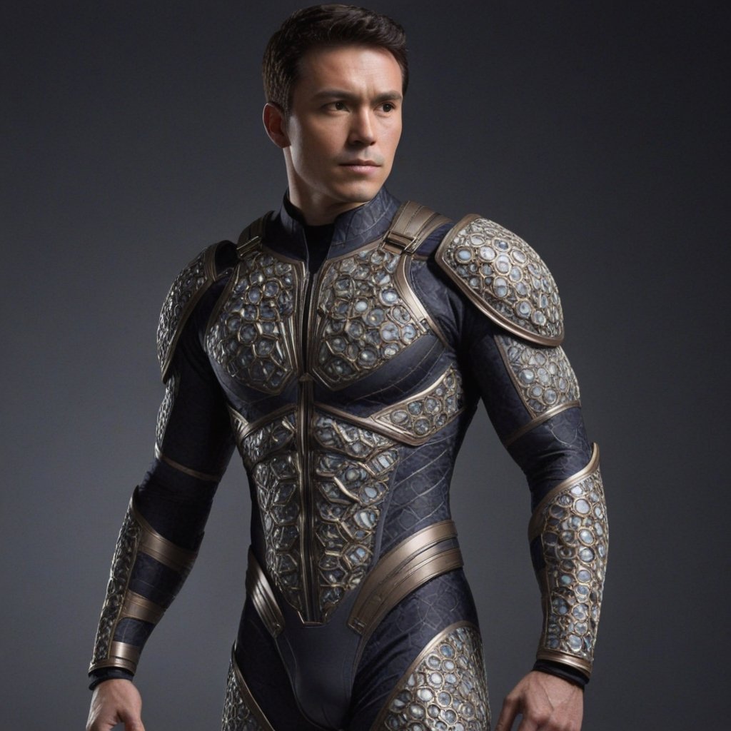 The suit itself is a marvel of genetic integration, tailored to enhance the warrior's physical abilities and provide an impenetrable layer of protection. Its surface is adorned with intricate patterns resembling a molecular helix, paying homage to the very genetic enhancements that define the warrior.