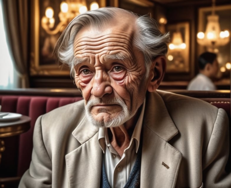 The old man attracts attention with his wrinkled face and deep gaze brought on by time. A character who is outdated but neatly dressed and bears the traces of the past. The venue is full of luxury cafe, expensive furniture and elegant decoration. An atmosphere decorated with oil paintings, quality furniture and crystal chandeliers is created.