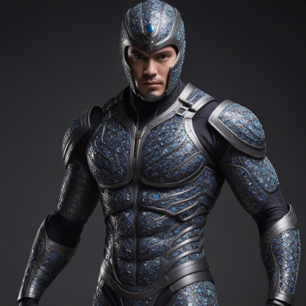 The suit itself is a marvel of genetic integration, tailored to enhance the warrior's physical abilities and provide an impenetrable layer of protection. Its surface is adorned with intricate patterns resembling a molecular helix, paying homage to the very genetic enhancements that define the warrior.