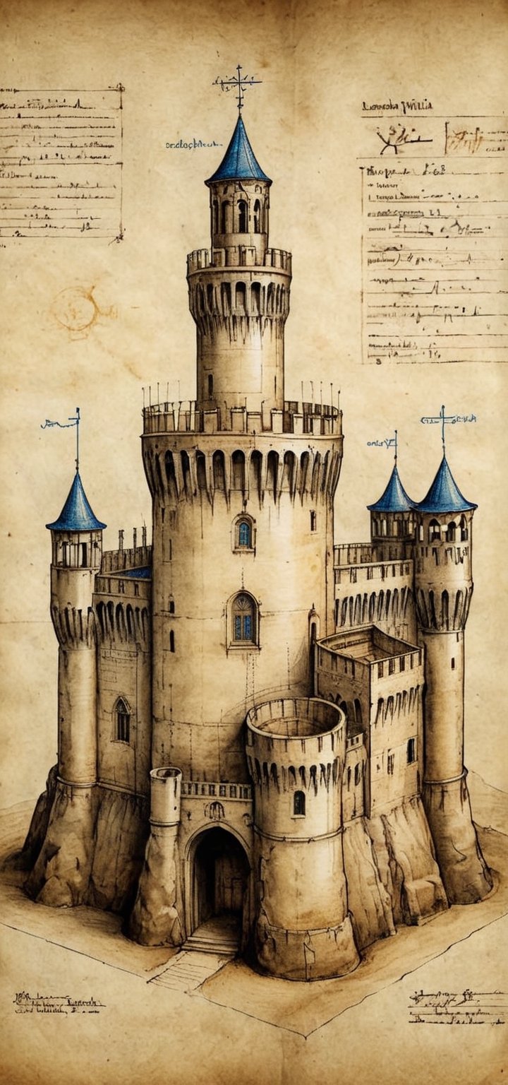 (Medieval architectural blueprint:1.3),  ink drawing, on blueprint white paper,  of a wonderful (medieval castle in Italy:1.4),  14th century,  (golden ratio:1.3),  (medieval architecture:1.3),  BREAK (front and side view:1.2),  (Illustration drafting style:1.1), highest quality,  original drawing. BREAK Front view, well-lit, by Leonardo Da Vinci, by Castruccio Castracani, (perfect drawing:1.2),  award winning,  detailed and intricate,  masterpiece,  itacstl, real_booster, itacstl, on parchment, art_booster,