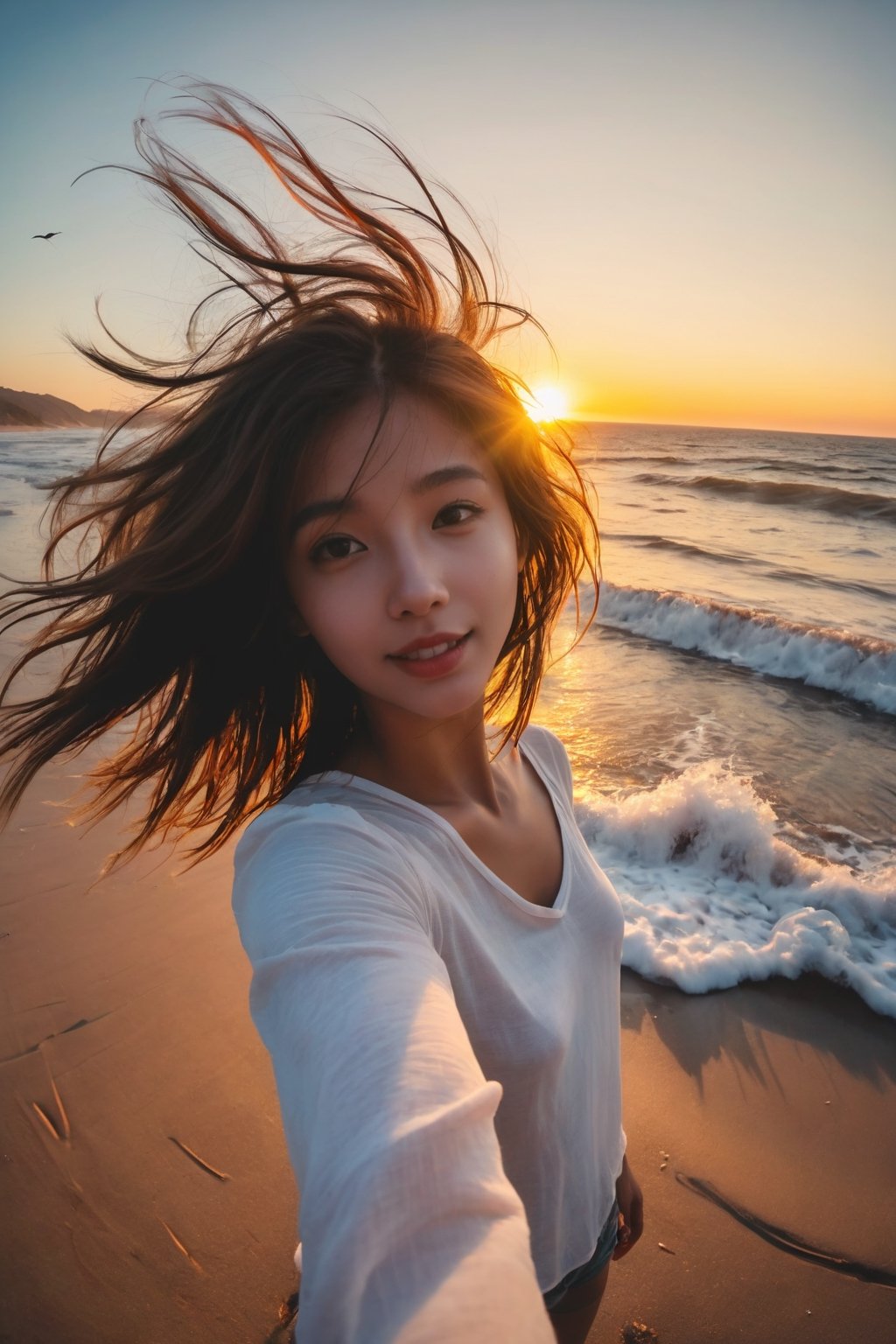 xxmix_girl,a woman takes a fisheye selfie on a beach at sunset, the wind blowing through her messy hair. The sea stretches out behind her, creating a stunning aesthetic and atmosphere with a rating of 1.2