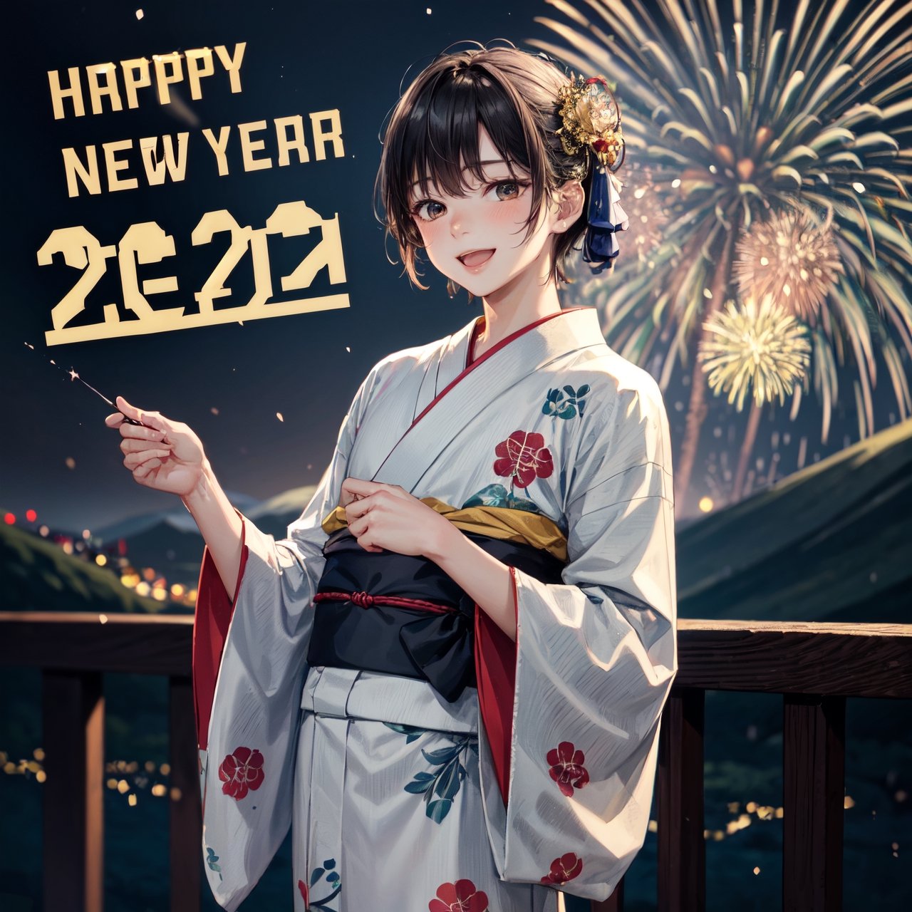 1boy, japanese, yukata, mountain fuji, midnight, New Year's Ball Drop, firework, ultrarealistic, 5_fingered, BREAK (holding a legible and perfectly typed ("HAPPY NEW YEAR 2024":1.4) large sign)