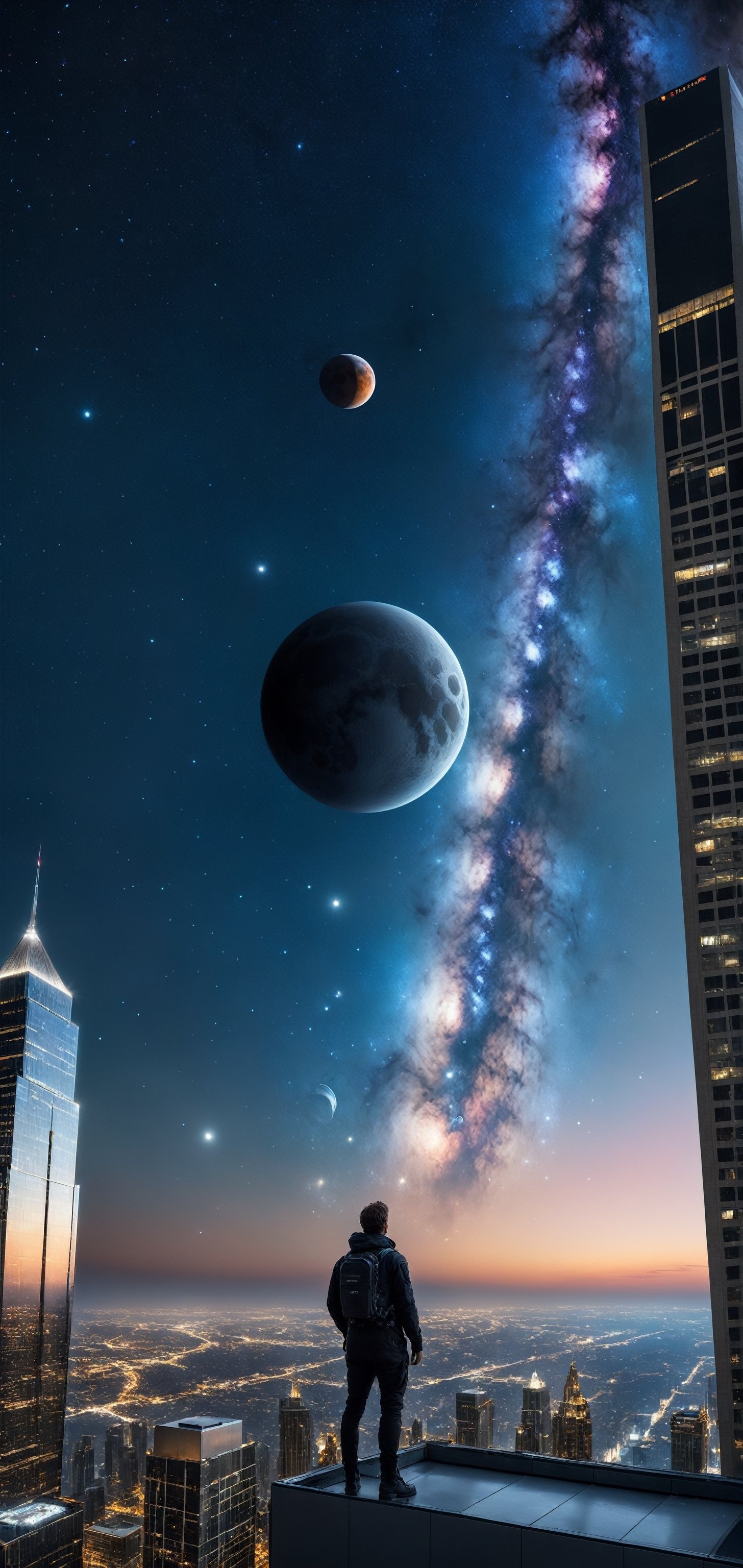 high res, photograph, photorealistic, hyperealistic, hyperealistic, 4k, 8k, nikon, standing on the roof of a skyscraper in the future, starting into night sky, stars, planets, nebulae, 2 moons 