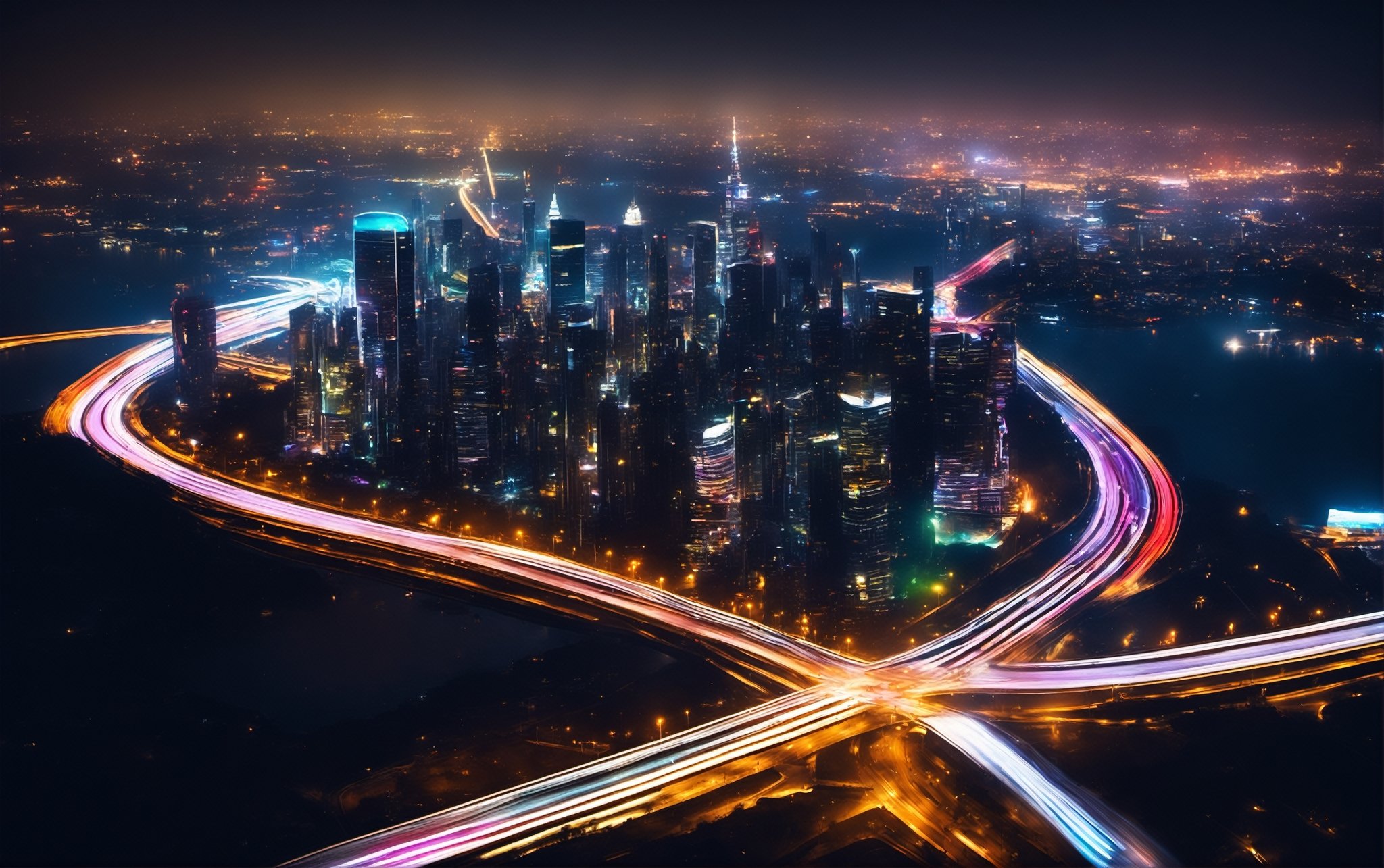 RAW photograph, shot with Canon6D Mark 2, 50mm Nikon, photorealistic, ultrarealistic masterpiece, high contrast, high resolution, best quality, hyperealistic

overhead shot of a futuristic city skyline at night, [motion blur], ((neon lighting)), starry clear night