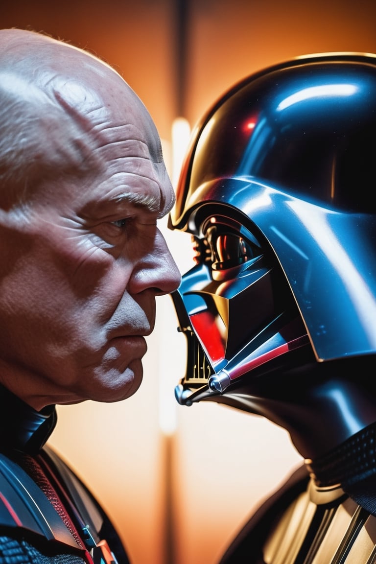 RAW photograph, shot with Canon6D Mark 2, 50mm Nikon, photorealistic, ultrarealistic masterpiece, highly detailed face and skin texture, realistic skin, high contrast, high resolution, evening lighting, mood lighting, best quality

photograph of Darth Vader and captain Picard face to face, face off, fight poster