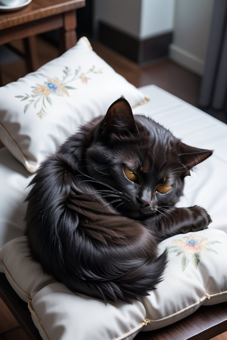 a cute black cat, sleeping on pillow, on top of table, view from further back