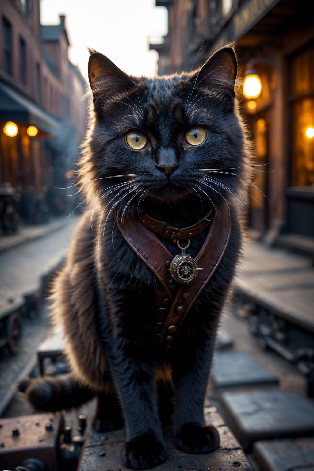 RAW photograph, shot with Canon6D Mark 2, 50mm Nikon, photorealistic, ultrarealistic masterpiece, highly detailed face and skin texture, realistic skin, high contrast, high resolution, evening lighting, mood lighting, best quality

cat wandering through an old steam punk city, zoomed out, wide angle